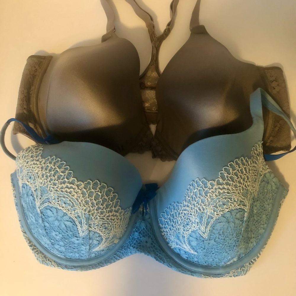 Victoria's Secret Blue Lace/ Maiden Form grey satin racer back bra